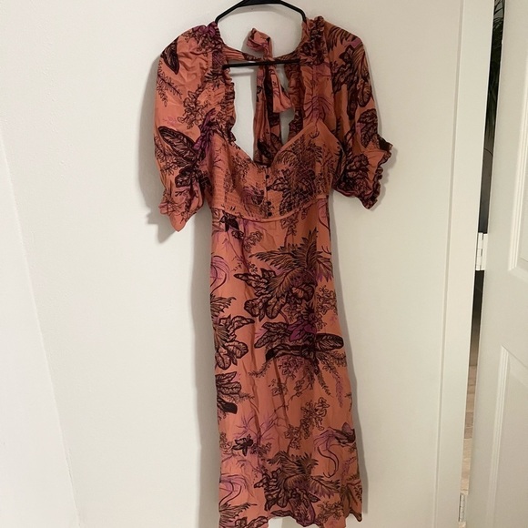 Anthropologie Pink Orange  Smocked Floral Botanical Midi Dress with puff sleeves - Picture 11 of 12